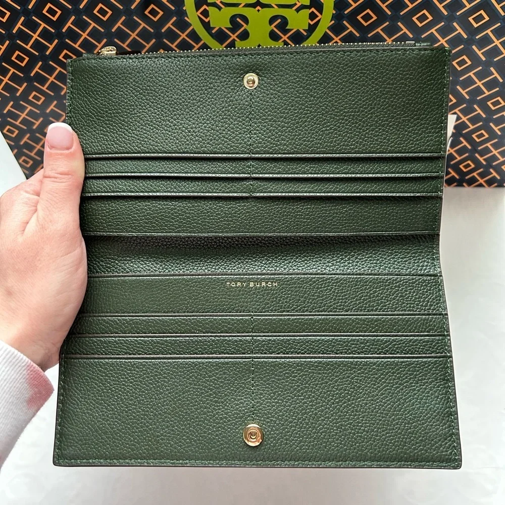 Tory Burch Blake Color Block Slim Envelope Wallet Basil Gold Dark Green